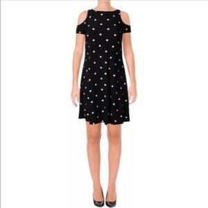 LAUREN Ralph Lauren Black & White Polka Dot Cold Shoulder Shift Dress Sz 12